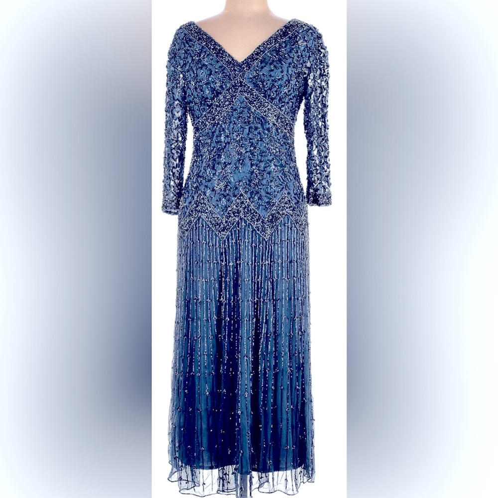 Pisarro Nights new sz 20W heavily beaded navy gown 3/4 sleeve